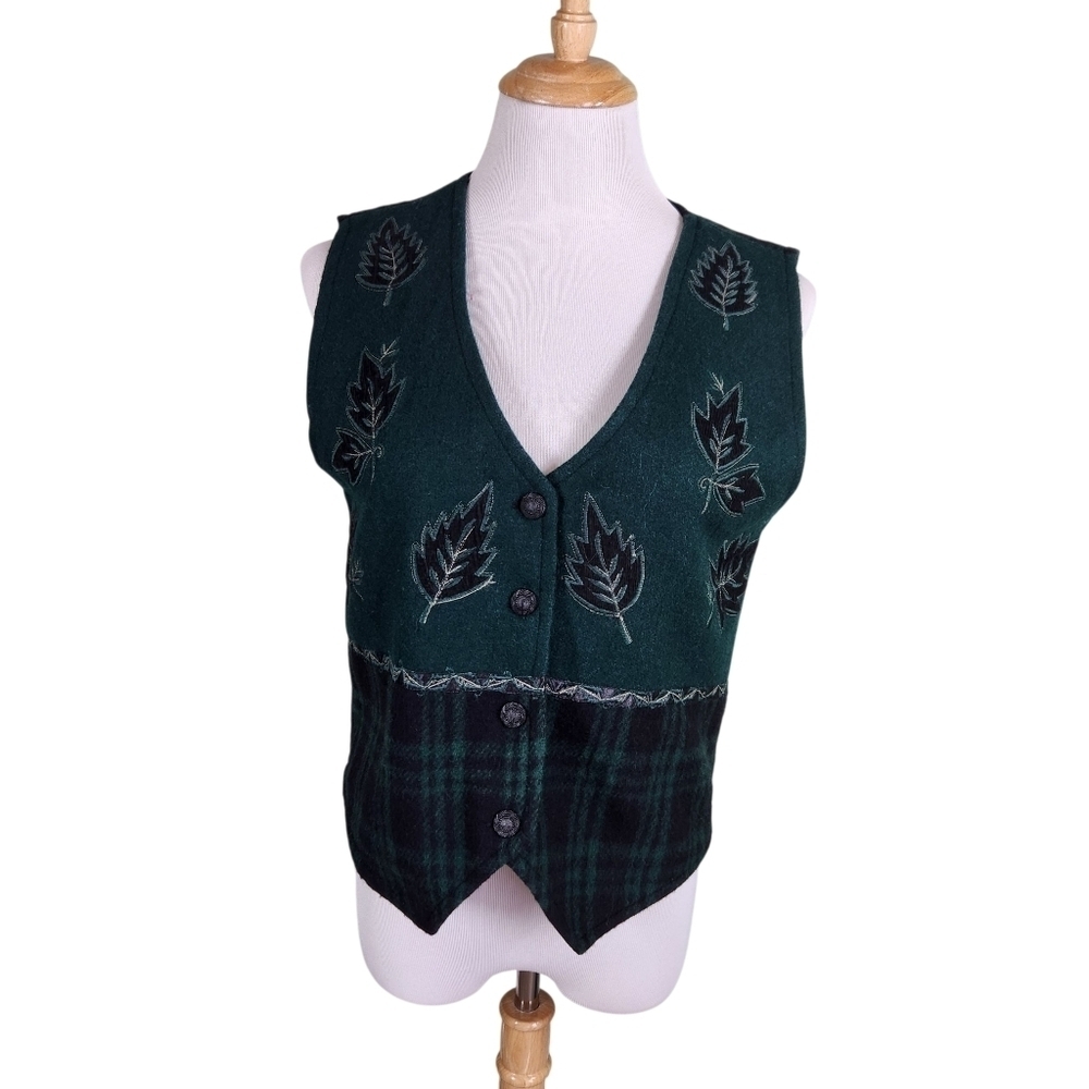 TanTrums Vintage Wool Blend Vest Leaf Plaid Print, Sz M